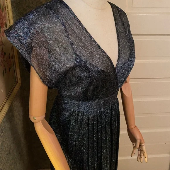 Moulinette Souers Anthropologie metallic shimmer evening dress blue black sz 0 - Picture 3 of 11